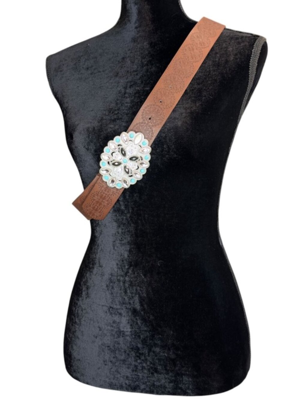 Western Embossed Brown Belt Turquoise Rhinestone Concho Buckle Size 13